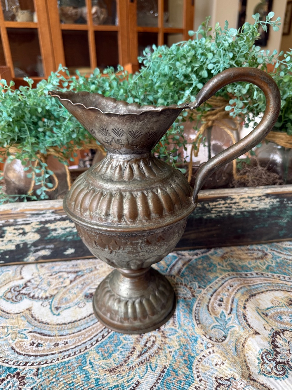Embossed Repousse Metal Pitcher Vase Decorative Ewer Rustic Copper & Metal